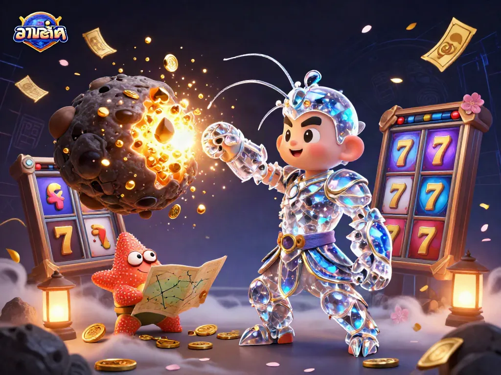 Engage with the vibrant รวมสล็อต scene featuring a galactic samurai and colorful slot elements in a dynamic explosion.
