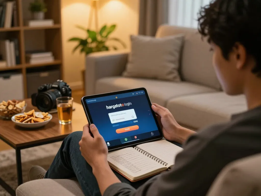 Orang yang tertarik menggunakan link hargatoto untuk bermain permainan kasino online di sofa yang nyaman.