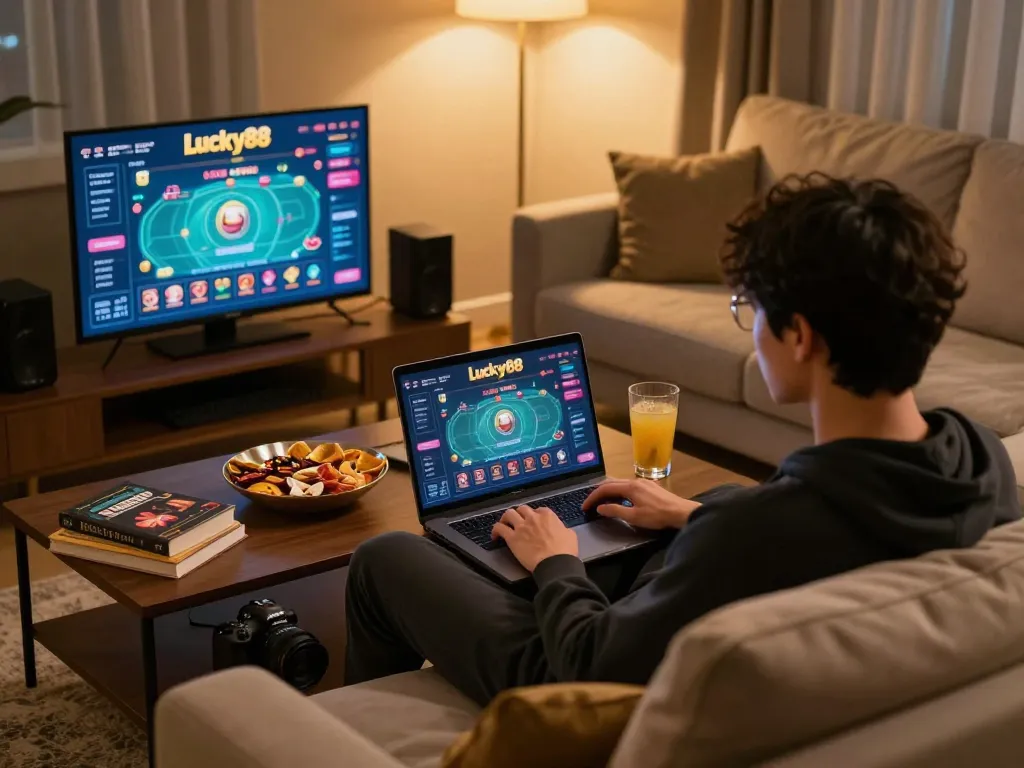Engaging with lucky88 fun online casino interface while enjoying a cozy home gaming experience.