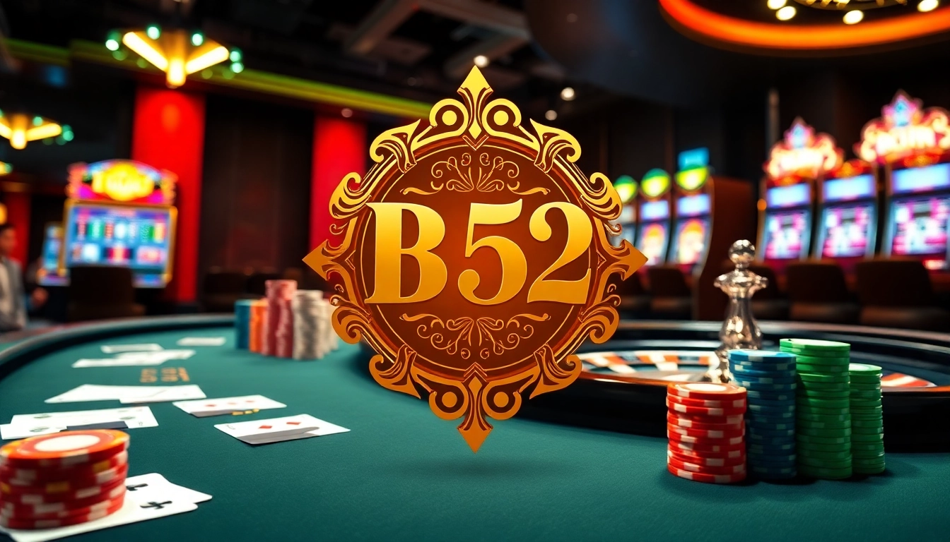 B52CLUB logo shines amid poker chips, roulette wheel, and slot machines in a lively casino scene.