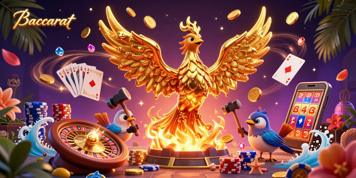 Baccarat gameplay featuring a golden phoenix and vibrant casino elements, showcasing thrilling gaming action.