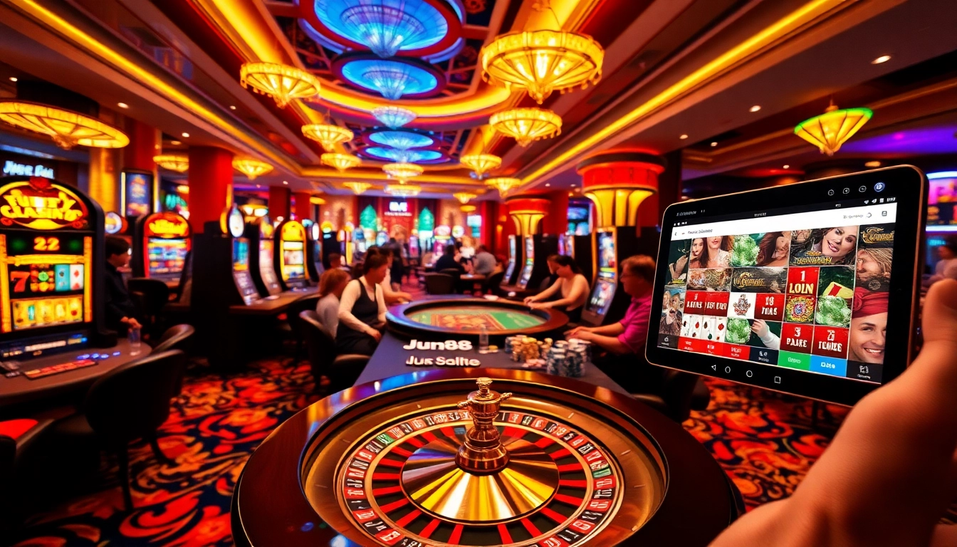 Exciting casino scene showcasing players at jun88site.com, highlighting vibrant slot machines and poker action.