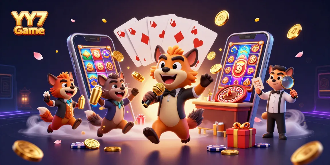 Engage in the YY7 Game at a vibrant comedy casino featuring animated hyenas.