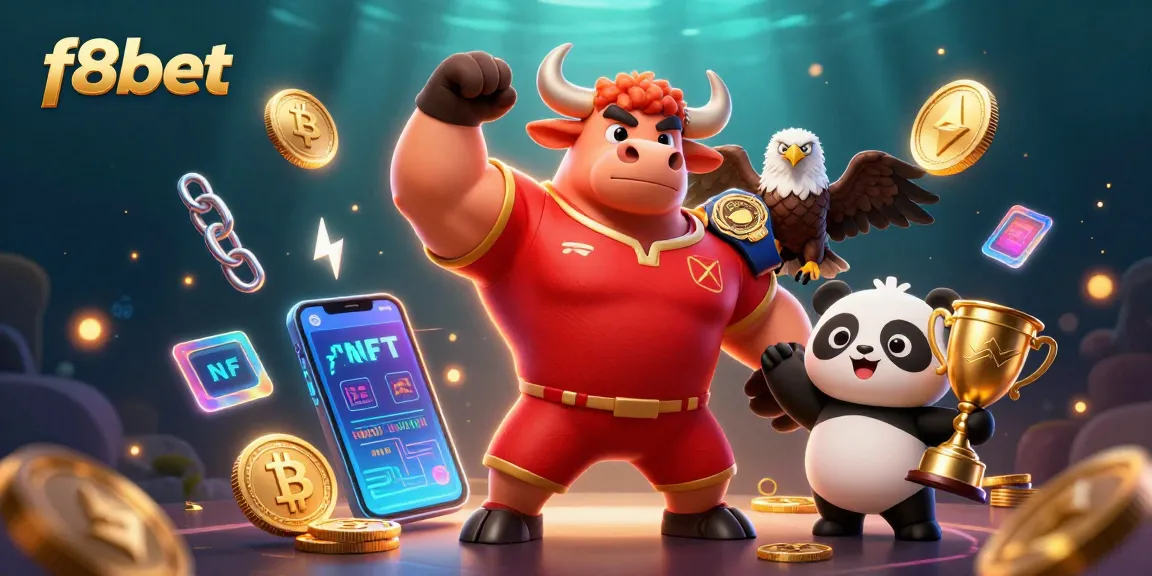 Experience the excitement of f8bet with a dynamic casino-themed 3D illustration featuring confident characters and vibrant digital assets.