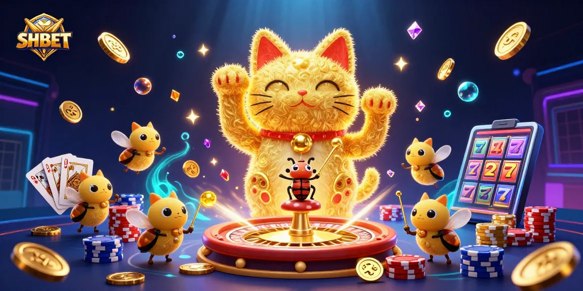Experience the vibrant SHBET casino world with golden fireflies, lucky symbols, and exciting game elements.