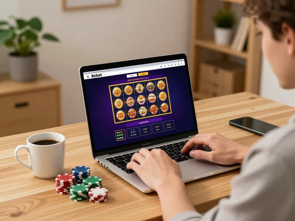 Engaged player enjoying 8xbet online casino gaming at home with vibrant slot games.