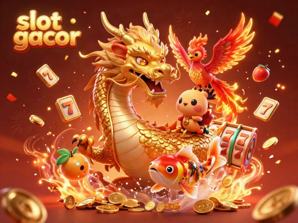 Slot gacor menggambarkan naga emas berpadu dengan phoenix dan ikan koi dalam suasana meriah permainan slot.