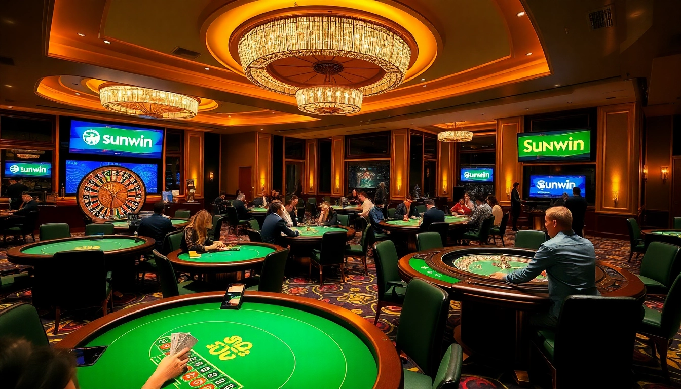 Players enjoy exhilarating games at a sunwin-themed casino table, capturing high-stakes excitement.