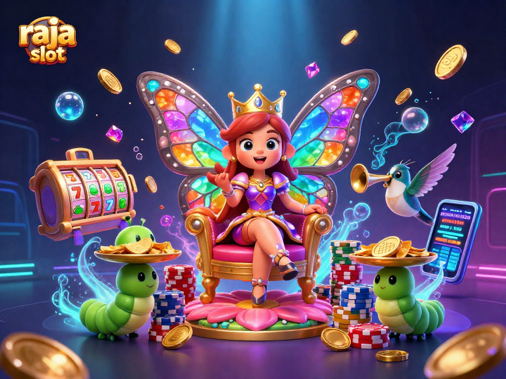 Raja slot menampilkan ilustrasi slot online menarik dengan karakter fantasi dan simbol permainan.