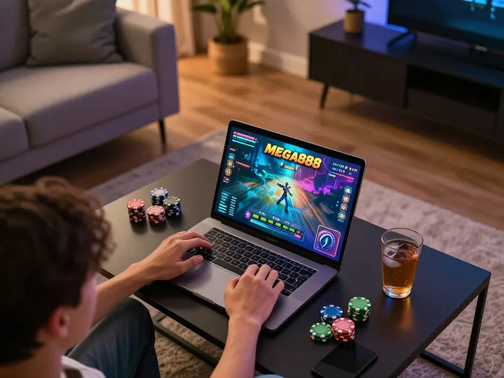 Engaging in Mega888 PC version gaming action from a cozy home setup.