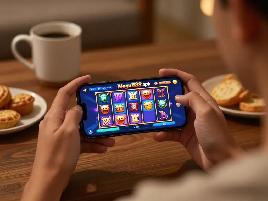 Engaging with the mega888 apk on a smartphone in a cozy home setting.