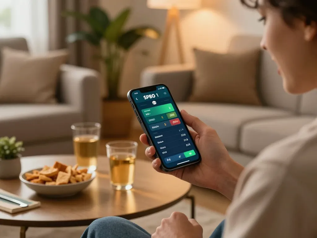 Petaruh olahraga yang terlibat memeriksa skor langsung dan odds SPBO 1 di smartphone dalam suasana rumah yang nyaman.