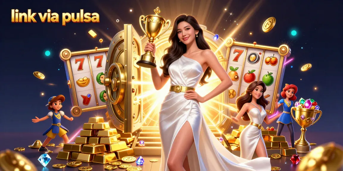 Experience the thrill of gaming with link via pulsa, featuring vibrant slot elements amidst sparkling treasures.