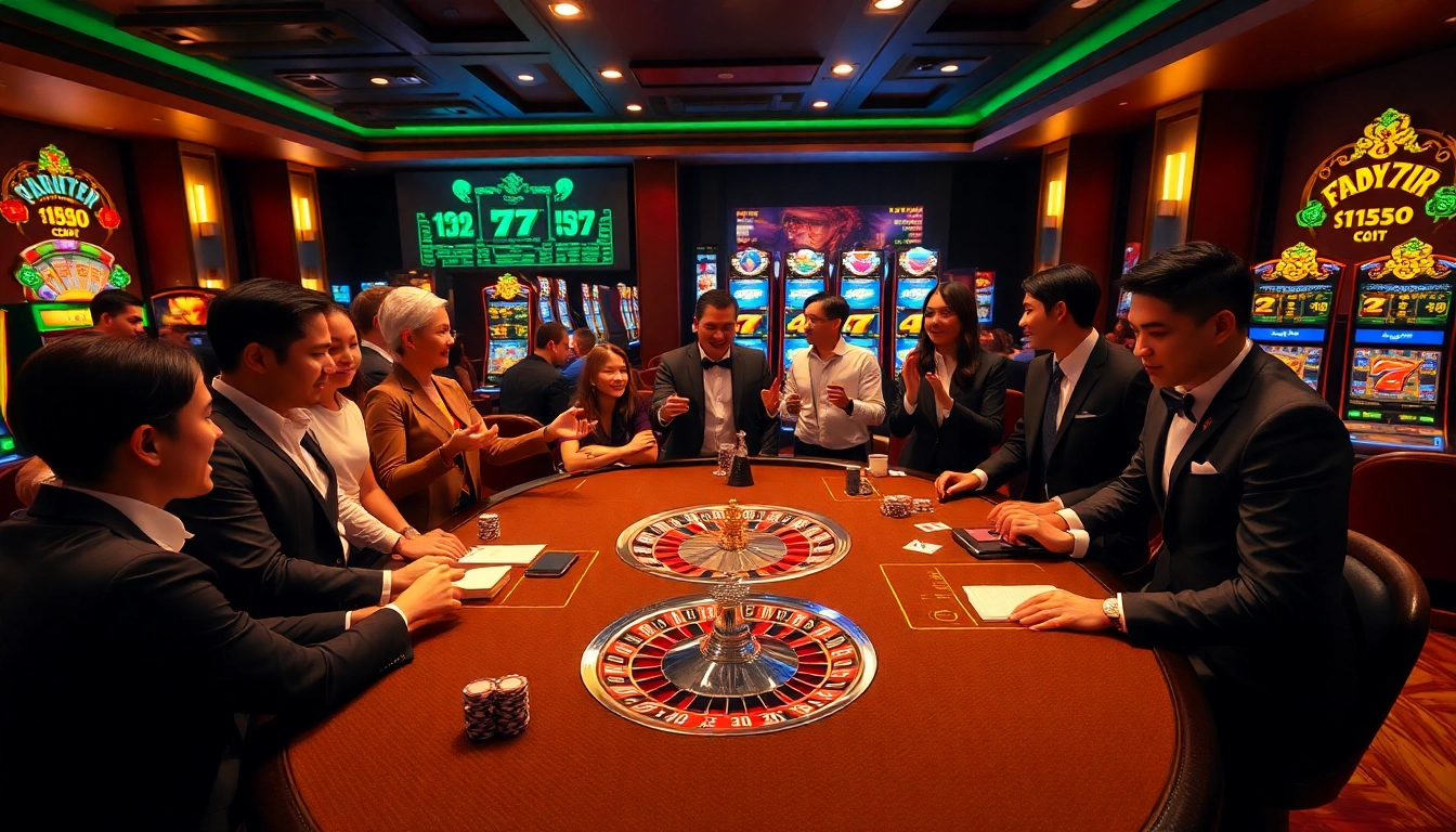 NEO79 players celebrating a winning hand at a luxurious casino table with vibrant decor.