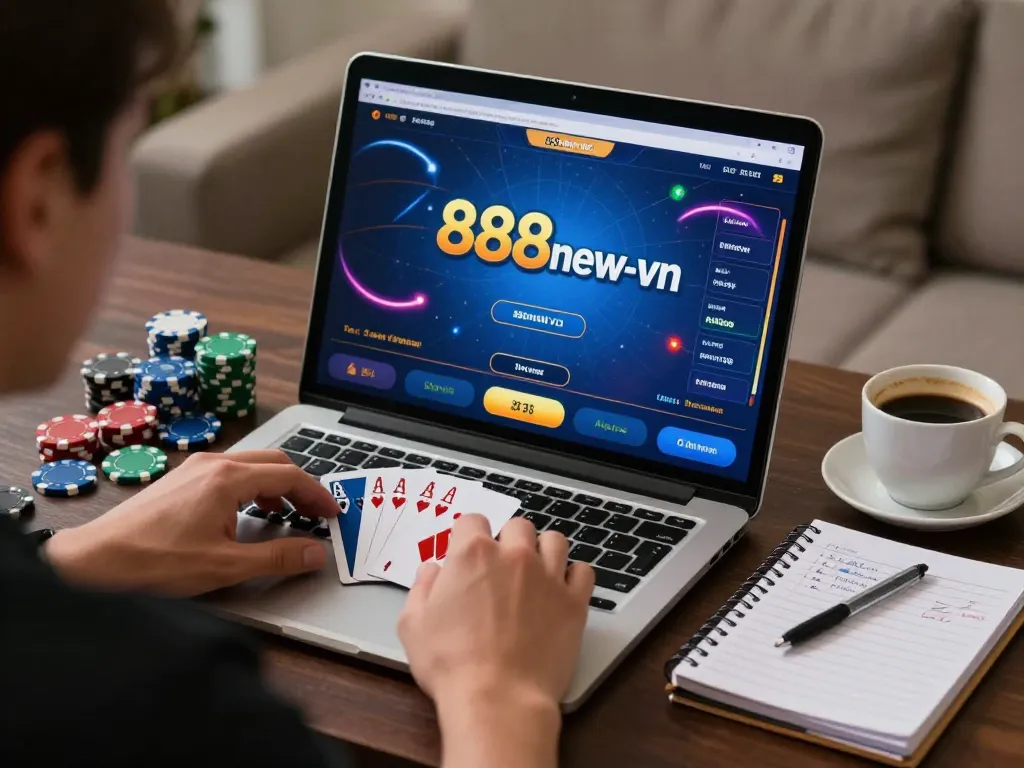 Engaged player enjoying online poker at 888new-vn in a cozy home setting, showcasing strategic gameplay.
