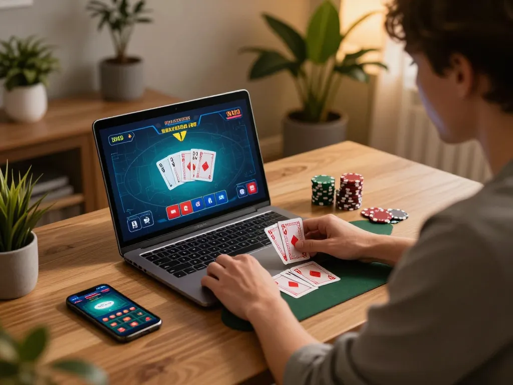 Engaged player at home enjoying online poker on TG88 chính thức platform.