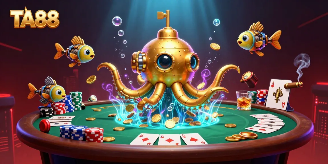 Engage with the excitement of TA88, where a golden kraken submarine encounters riches at a vibrant casino.