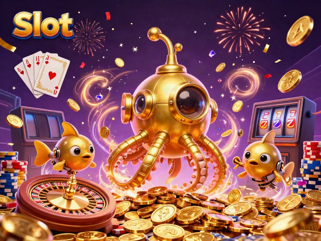Menangkan slot dengan karakter kartun 3D melawan gelombang uang emas dalam ilustrasi kasino.
