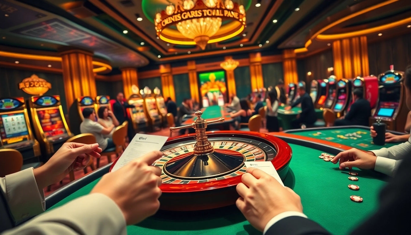 F8bet gaming excitement with roulette, slot machines, and eager players at a dynamic casino scene.