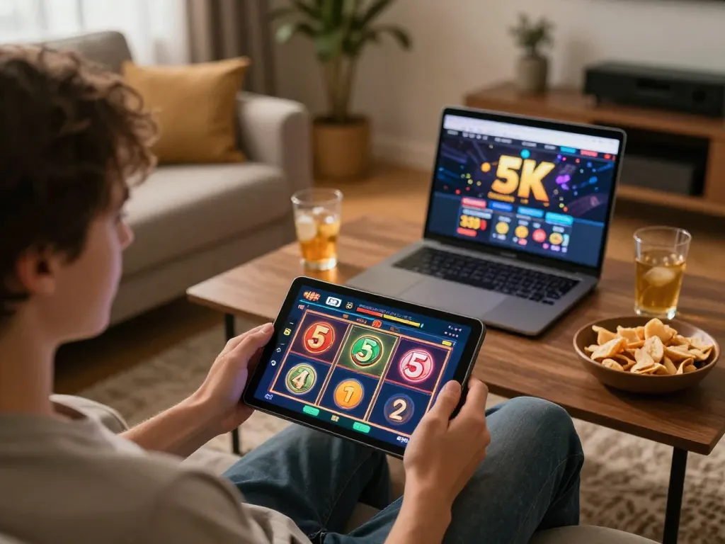 Engaged player enjoying slot 5k gaming session at home with tablet in cozy atmosphere.