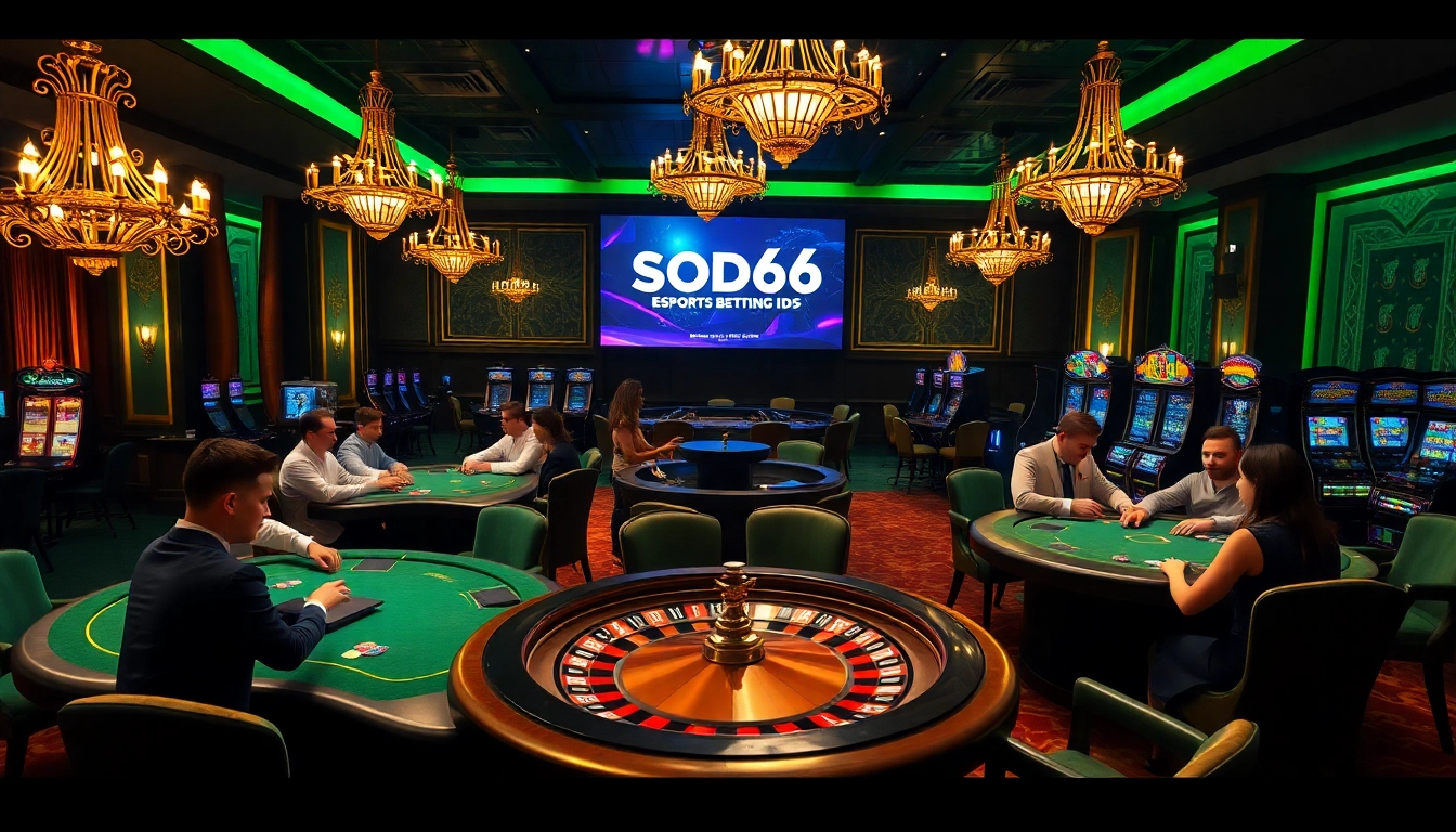SODO66 players engaged in high-stakes poker at an elegant casino with vibrant roulette and esports odds.