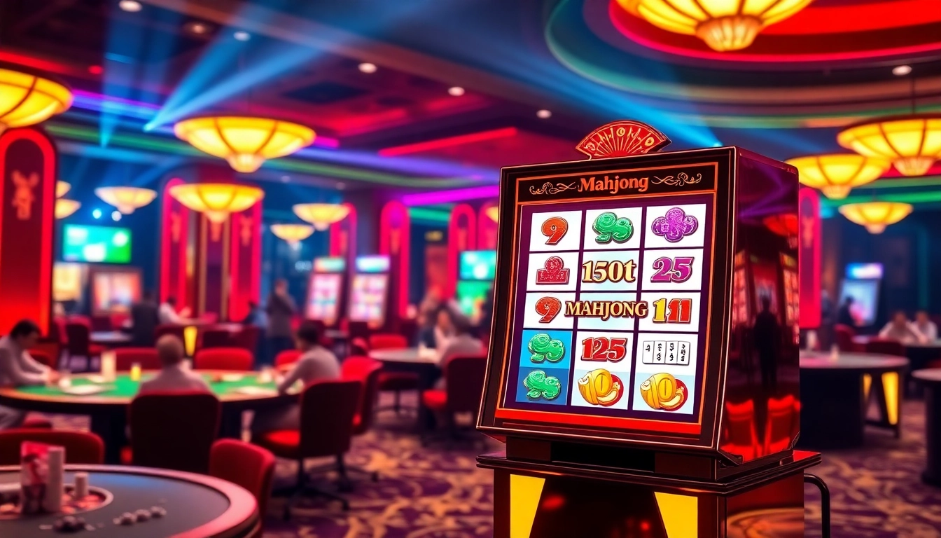 Winning on a slot demo mahjong machine in a vibrant casino atmosphere filled with excitement.