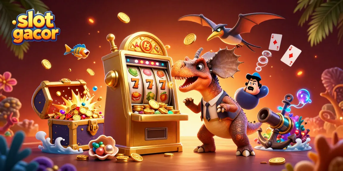 Slot gacor digambarkan saat pachycephalosaurus menyerang mesin slot, menangkap koin emas terpencil.