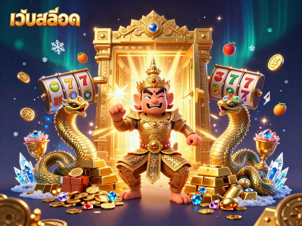 Engaging scene with เว็บสล็อต elements featuring a Thai guardian and treasures of jackpots.