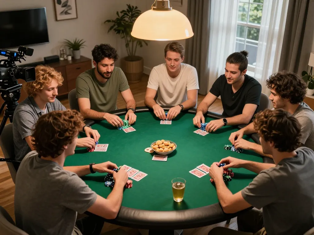 Players engaging in a lively poker game at home, showcasing bk8 atmosphere of friendly competition