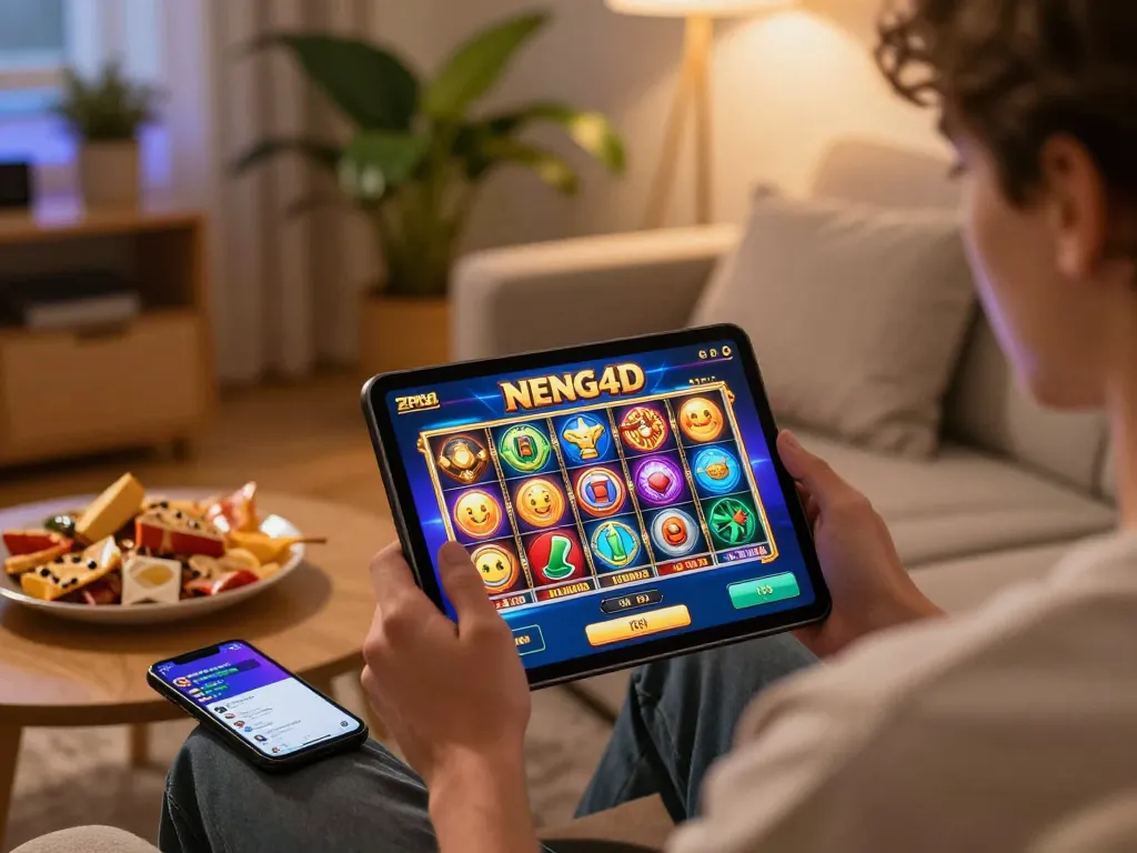 NENG4D slot gaming on a tablet in a cozy living room, enjoying snacks and a relaxed atmosphere.