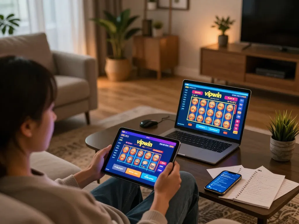 Engaging in a vipwin online casino session at home with tablet and notes