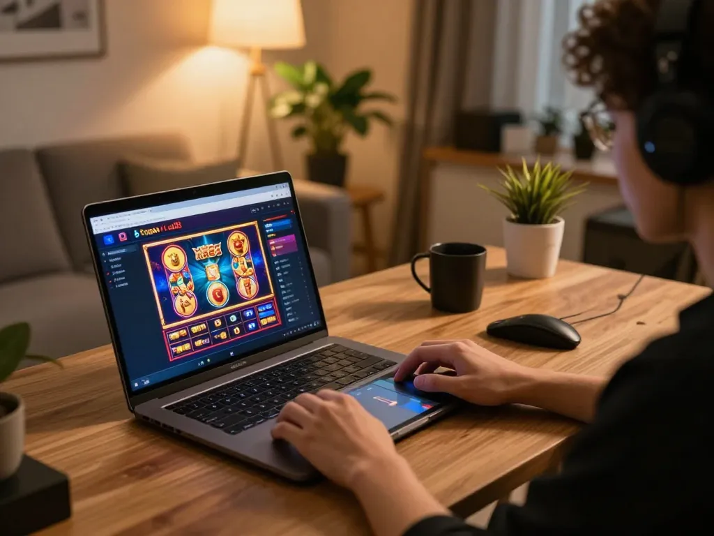 Engaging player using trang chủ uu88 for online slots in a cozy, stylish home office setup