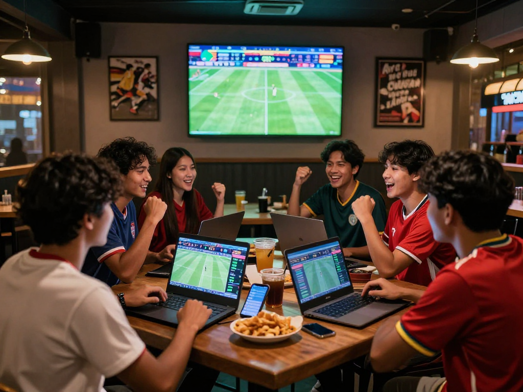 Engaged friends in a lively sports bar enjoying judi bola during live football matches.