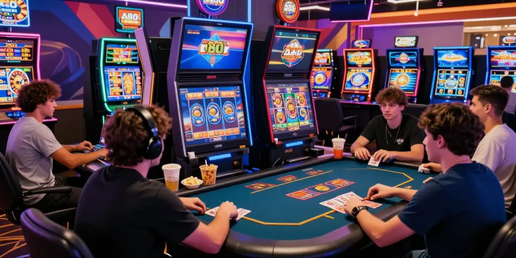 A80 online gaming experience with diverse players enjoying vibrant slot machines and card games.