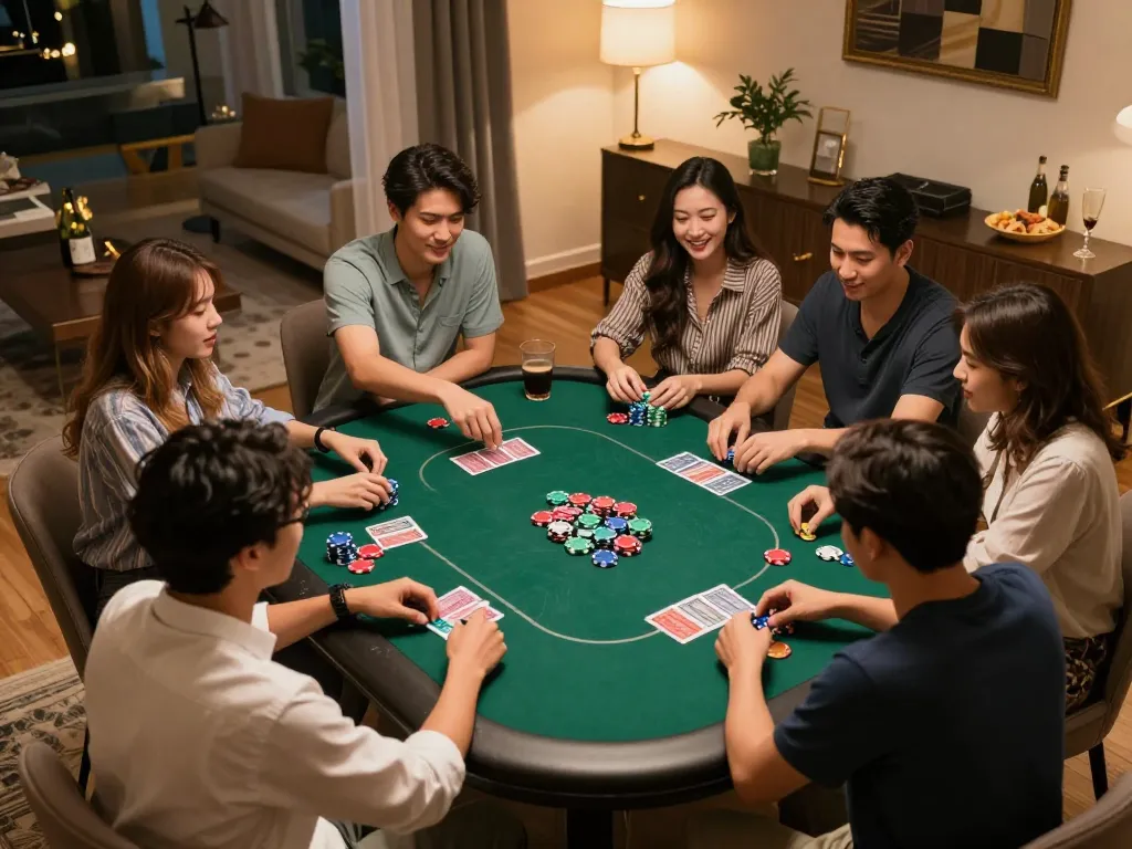 Players enjoying an exciting poker night at home with mm88-inspired strategies and vibrant chips on the table.