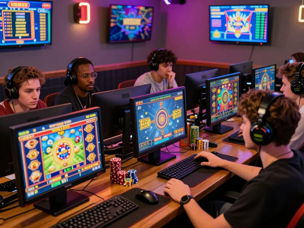 Exciting gaming atmosphere with players enjoying zeus138 slots on various devices in vibrant lounge setting.