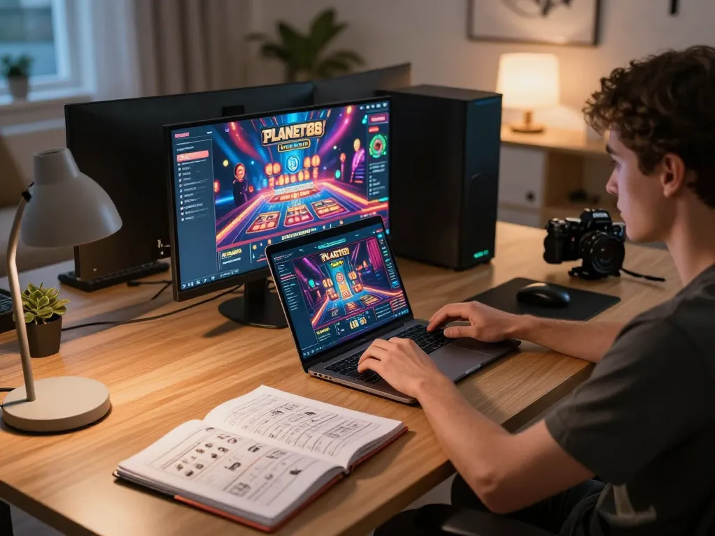 Engaging in online gaming on PLANET88 with strategic notes in a warm home setup.
