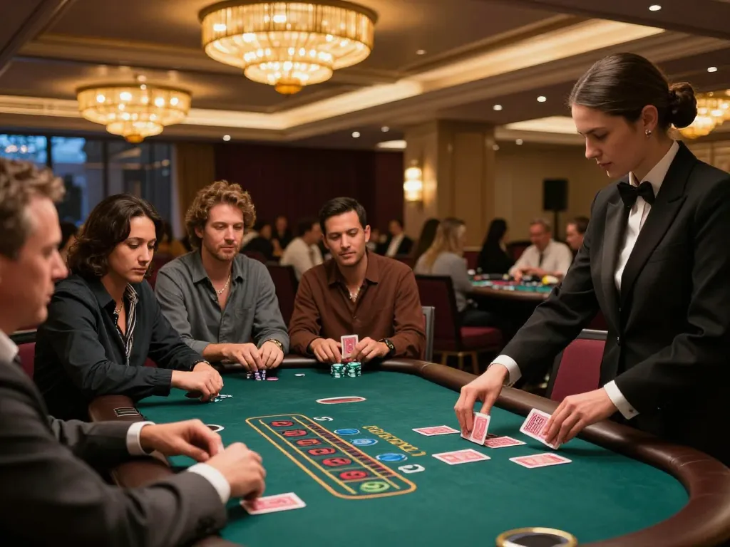 Players enjoying blackjack at 78win casino under warm chandelier lighting