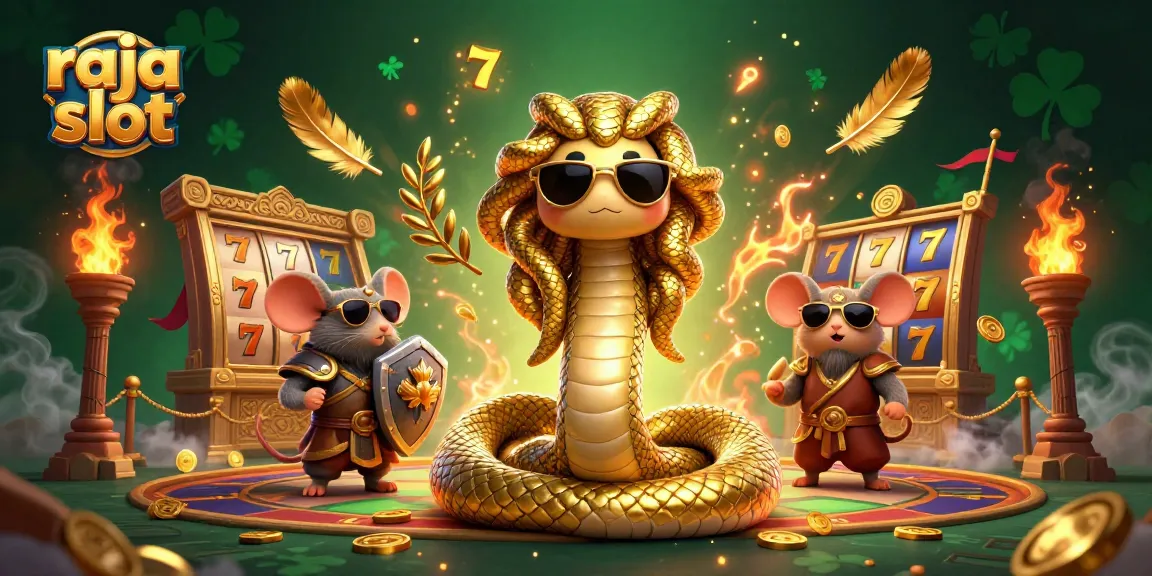 Spin and win at raja slot with Medusa and warrior mouse in a dynamic casino scene.