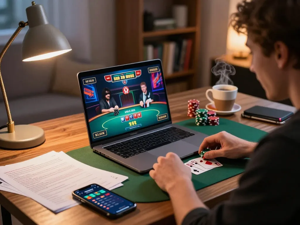Player strategizing at the 789win club in a warm home gaming setup, engaged in a high-stakes poker game.