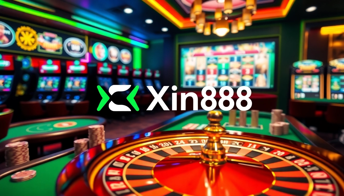 Xin88 table games and slot machines illuminating an exciting casino environment.