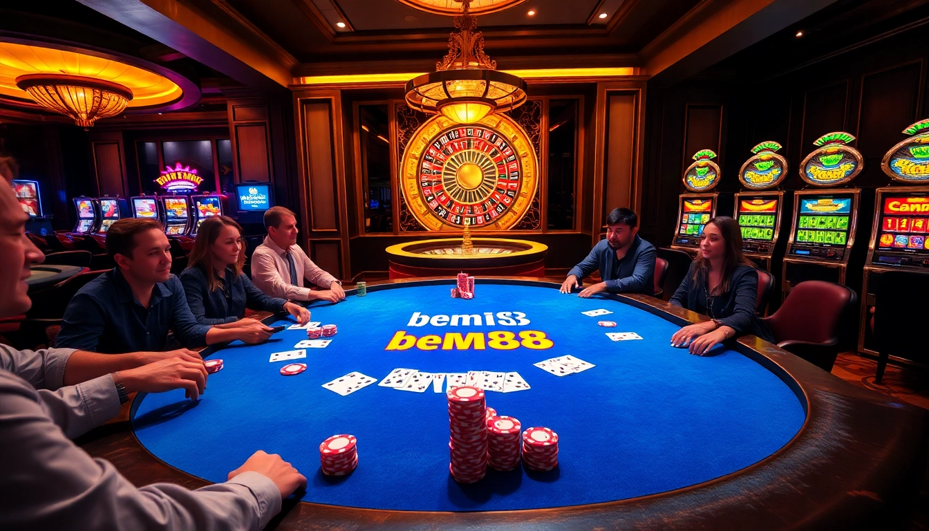 A vibrant poker table scene featuring bem88-themed chips and excited players engaging in a thrilling game experience.