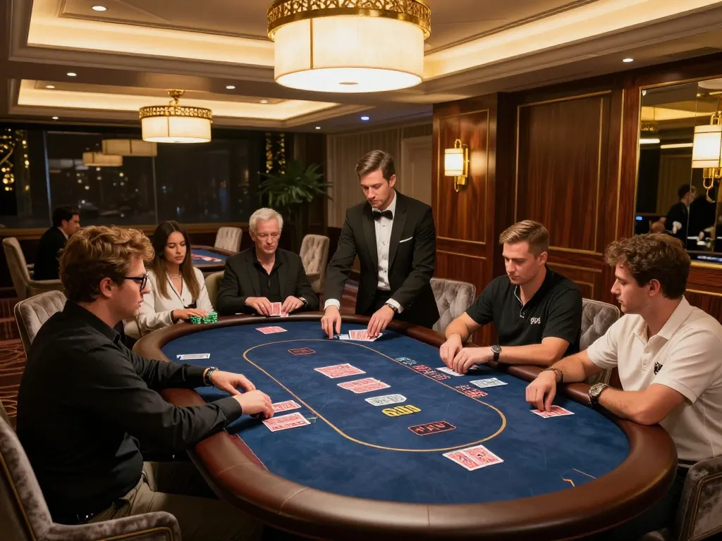 W88 players engaged in poker strategy at VIP table, showcasing elegance and excitement.