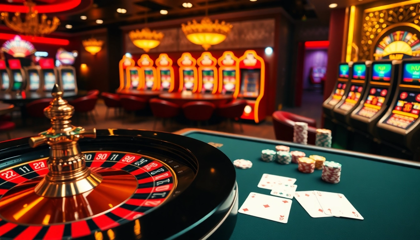 SBOBET casino scene with roulette wheel, poker chips, and vibrant slot machines.