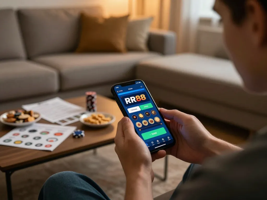Player engaging with RR88 casino app on smartphone in a cozy home environment