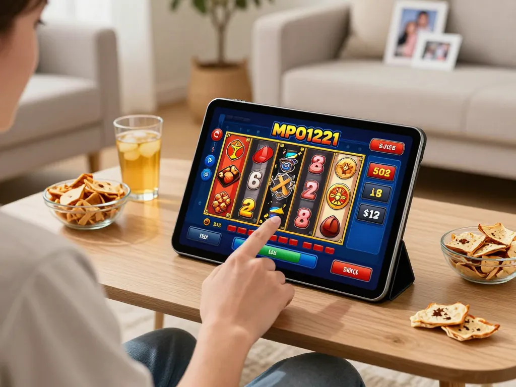 Pengguna MPO1221 menikmati slot online di tablet dalam pengaturan rumah yang nyaman
