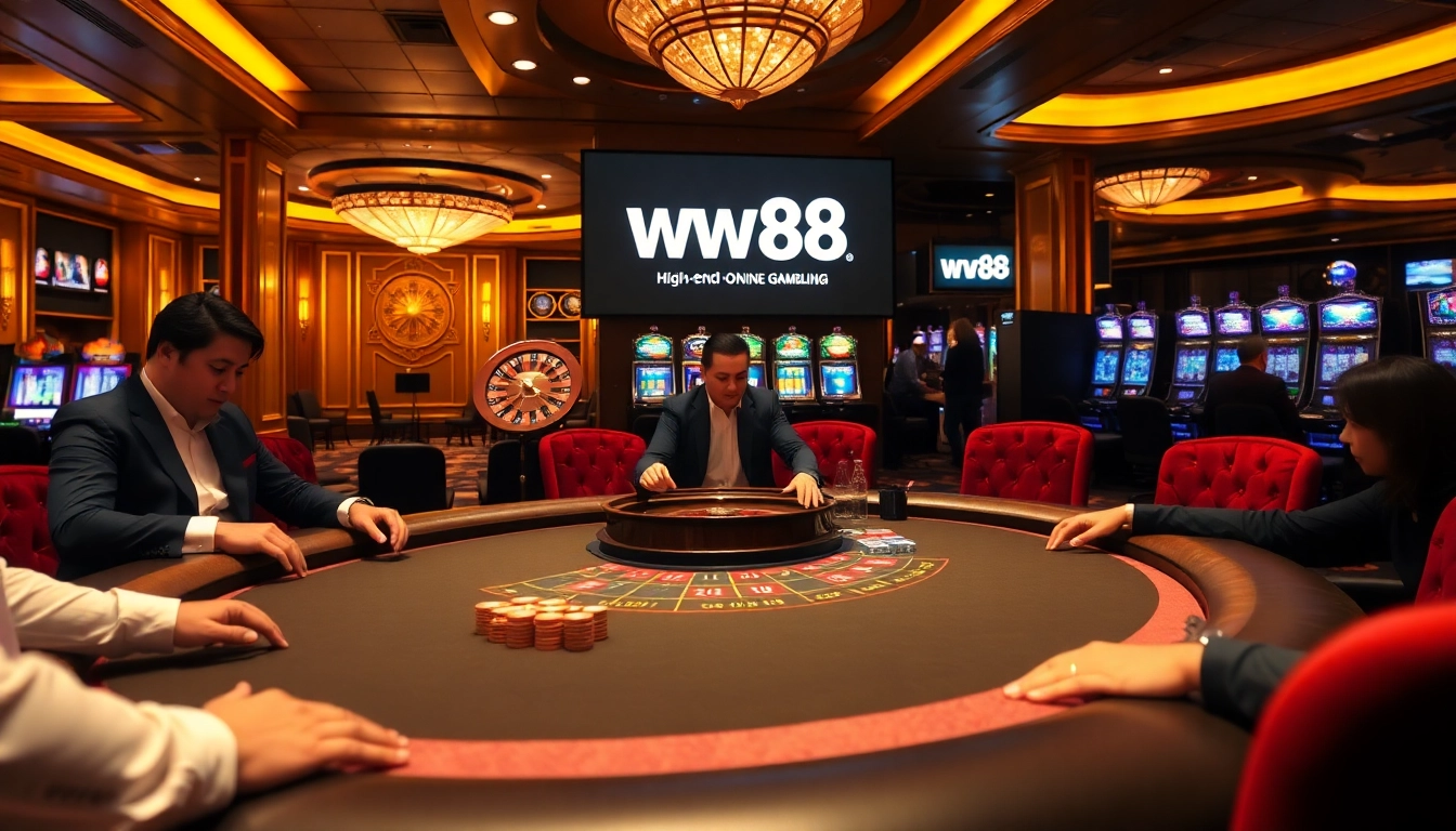 WW88 logo featured in an exciting casino scene with poker chips and roulette wheel.