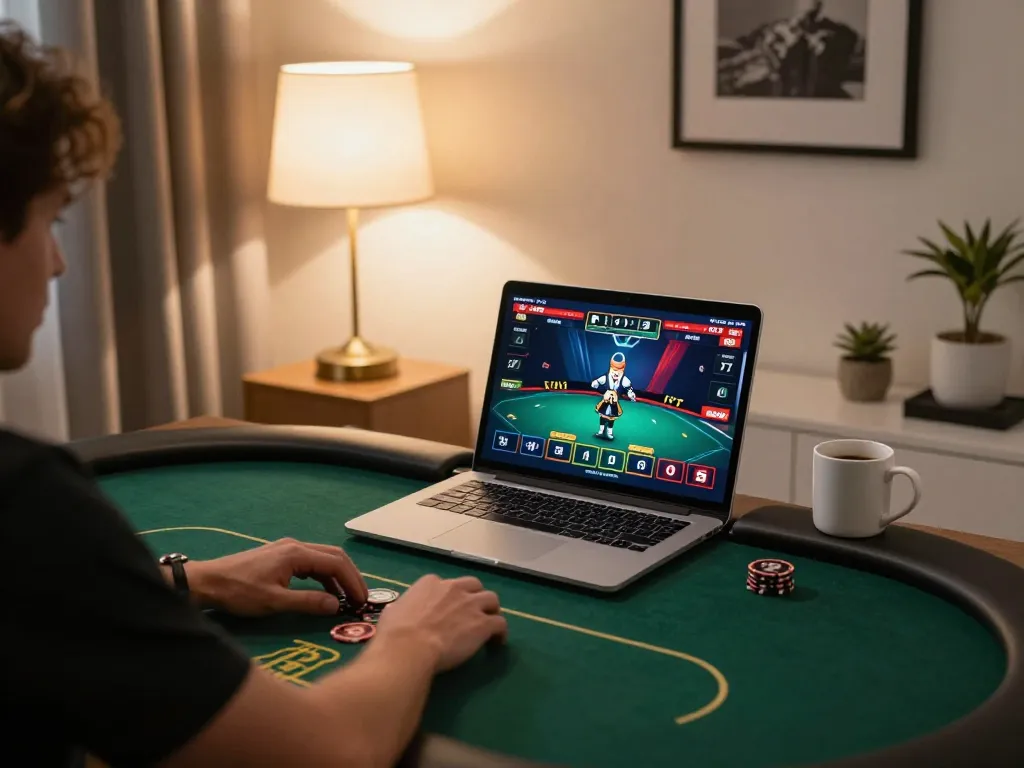 Player enjoying an online poker game on laptop, enhancing the XX 88 gambling atmosphere at home.