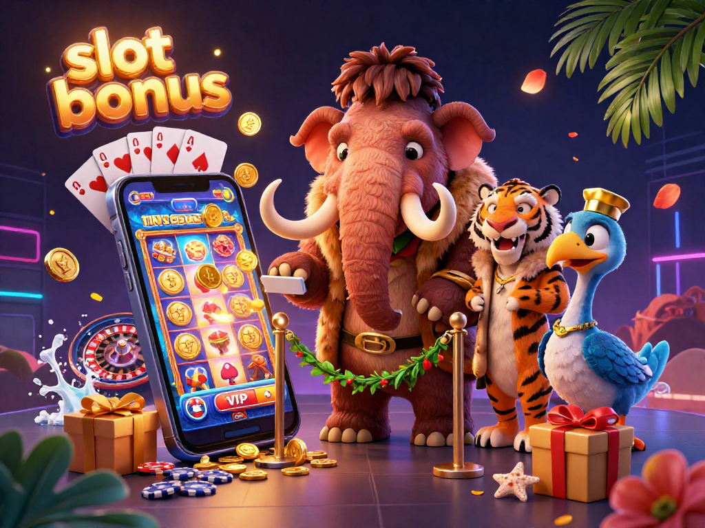 Experience thrilling slot bonus excitement with a colorful 3D casino scene showcasing unique characters.