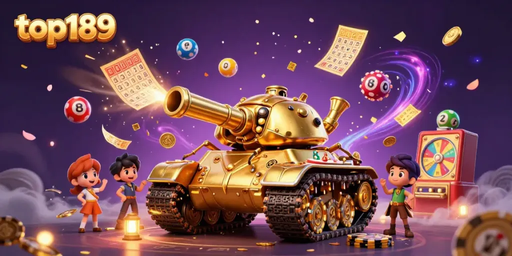 Experience the thrill of top189 with a digital illustration showcasing vibrant casino elements and dynamic lottery games.
